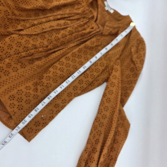 Madewell Eyelet Blouse XS Mustard Yellow Tie Neck Puff Sleeve Boho Eclectic - Picture 7 of 7